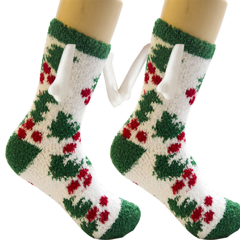 Christmas Supplies Magnetic Suction Hand In Hand Couple Socks - Coral Fleece Tube Socks Warm Slipper Bed Socks Winter Soft Warm Slipper