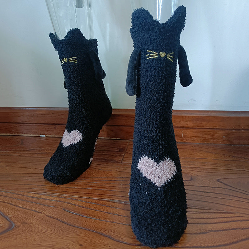 Christmas Supplies Magnetic Suction Hand In Hand Couple Socks - Coral Fleece Tube Socks Warm Slipper Bed Socks Winter Soft Warm Slipper