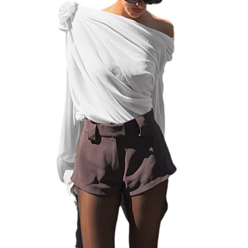 Women's Off Shoulder Tops - Elegant Long Sleeve Asymmetrical Neck Ruched Chiffon Blouse Shirts Going Out Top Y2k Shirts