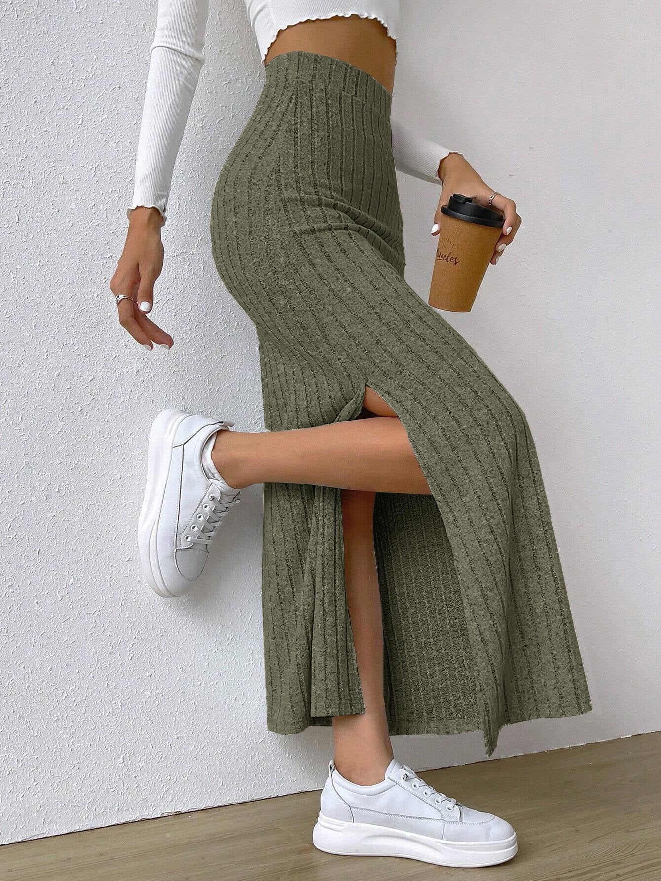 Spring Long High Waist Side Slit Skirt -  Slim Fit Knitted Women's Dress