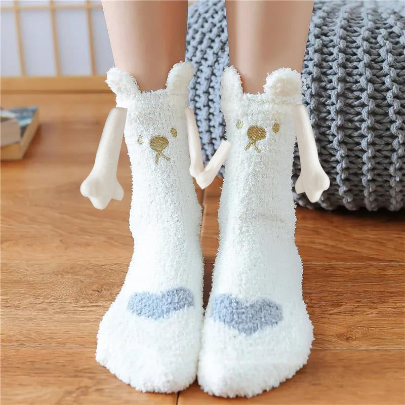 Christmas Supplies Magnetic Suction Hand In Hand Couple Socks - Coral Fleece Tube Socks Warm Slipper Bed Socks Winter Soft Warm Slipper