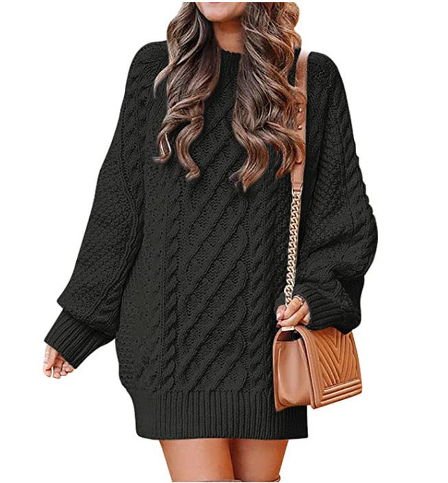 Women Round Neck Long Sleeve Twisted Knitted Sweater - Mid-length Dress Sweater