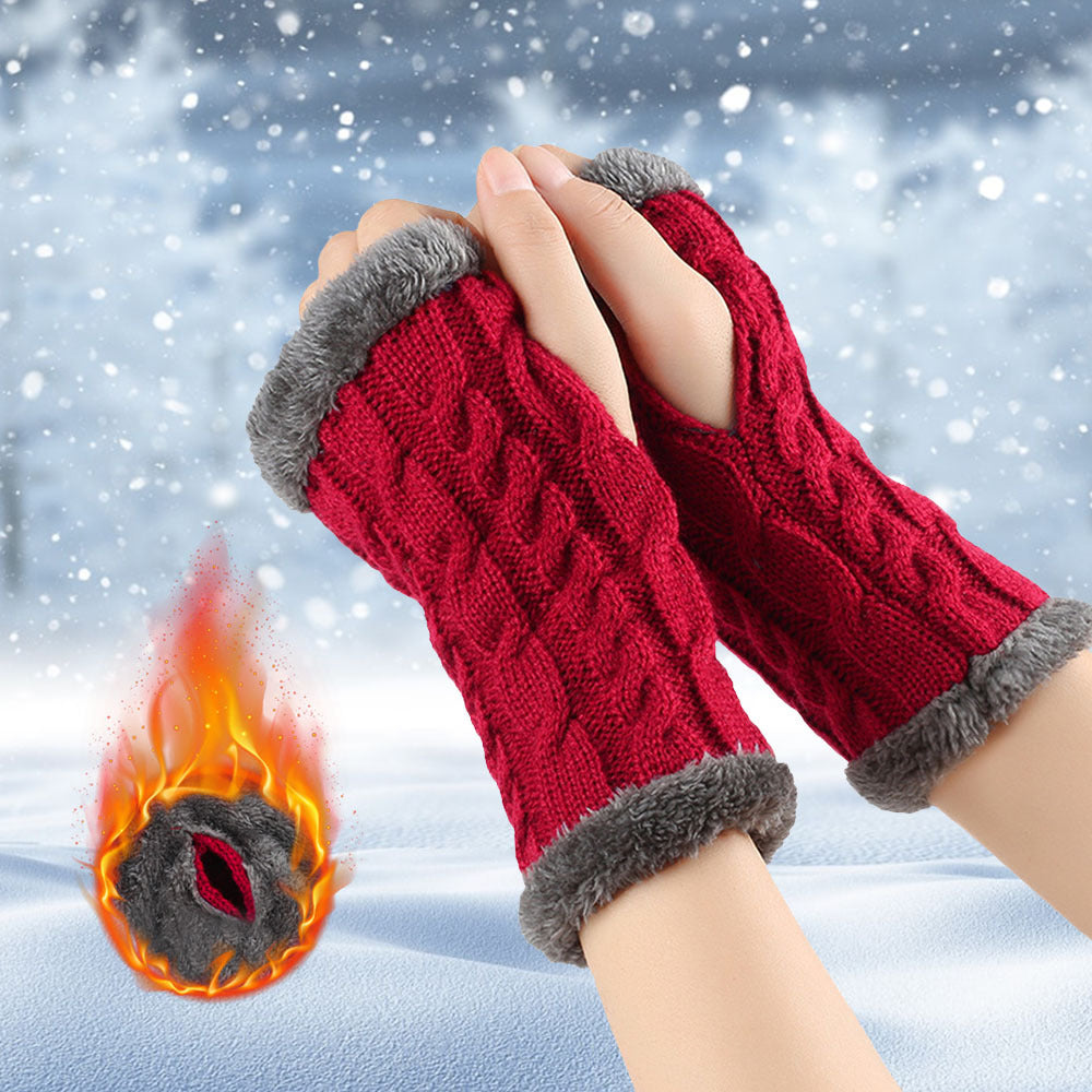 Winter Plush Gloves - Twist Knitted Fingerless Fleece Gloves Women Warm Thickened Woolen Gloves
