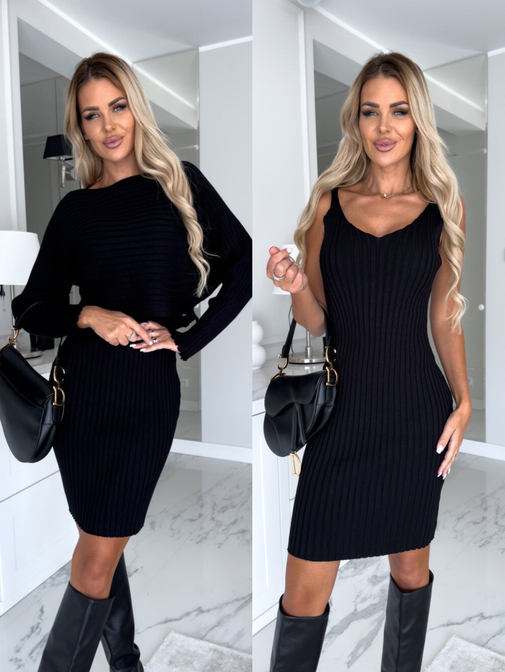 2pcs Striped Long-sleeved Top And Body Con Dress - Autumn Winter Slim Fashion Clothing