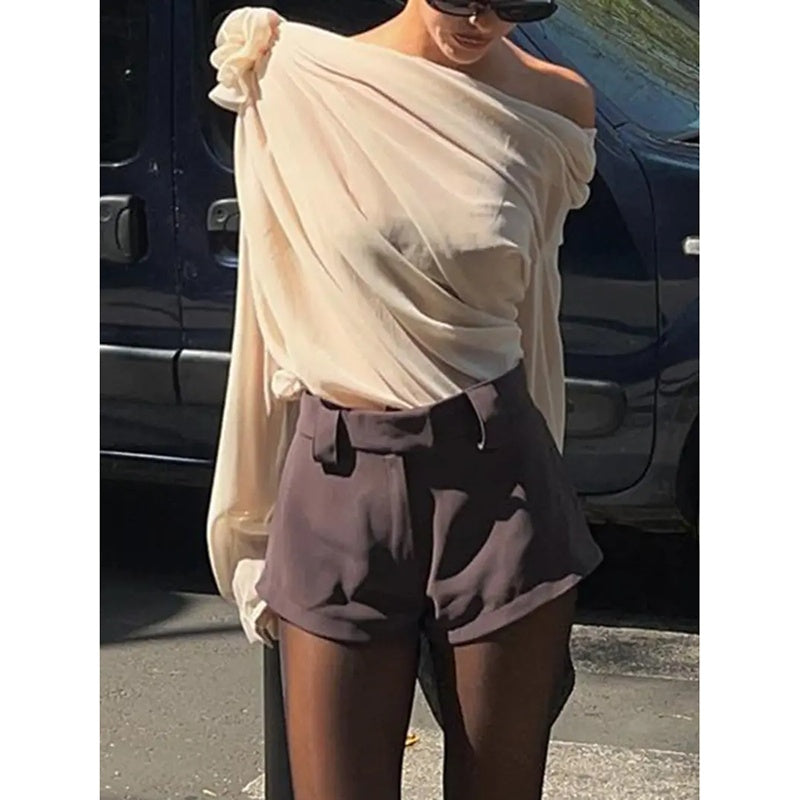 Women's Off Shoulder Tops - Elegant Long Sleeve Asymmetrical Neck Ruched Chiffon Blouse Shirts Going Out Top Y2k Shirts