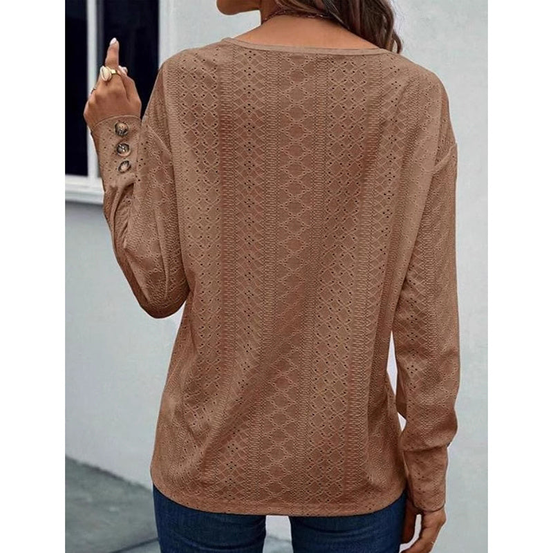 Cute Long Sleeve Eyelet Tops - V Neck Fall Shirts Casual Loose Blouses Trendy Clothes