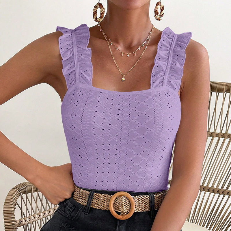 Boho Chic Square Neck Tank Top - Women Sleeveless Tank Tops Ruffle Strap Square Neck Eyelet Blouse Slim Fit