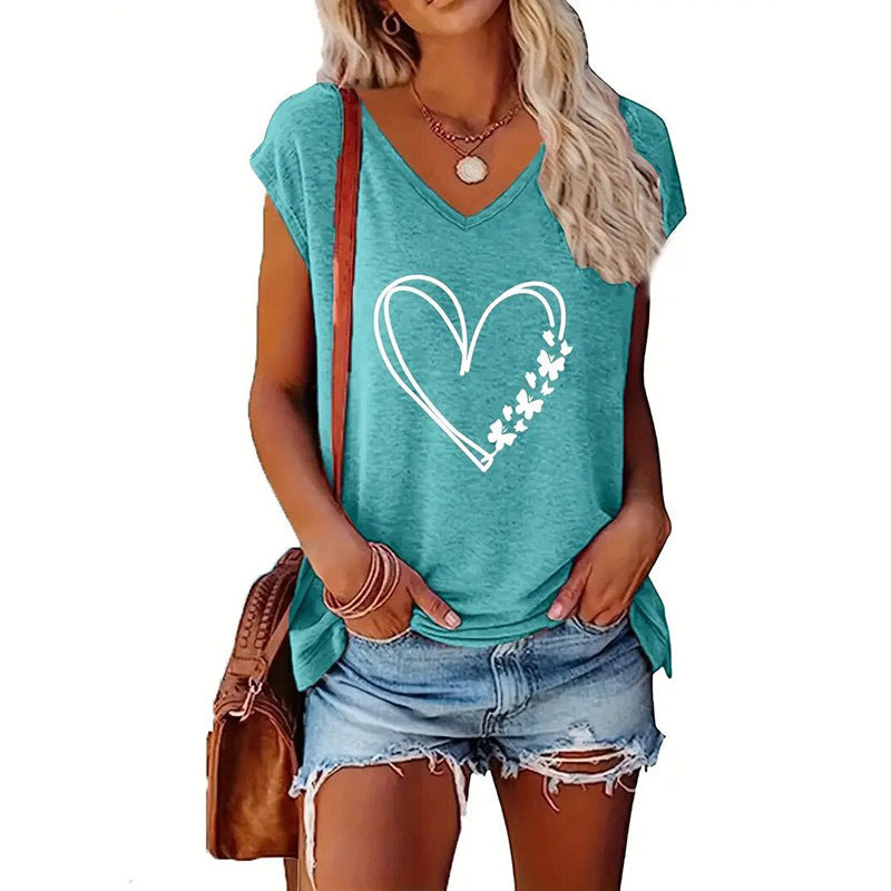 2-Pack Women's V-Neck T-Shirts Floral & Heart Print, Soft Breathable Summer Tops, Casual Streetwear