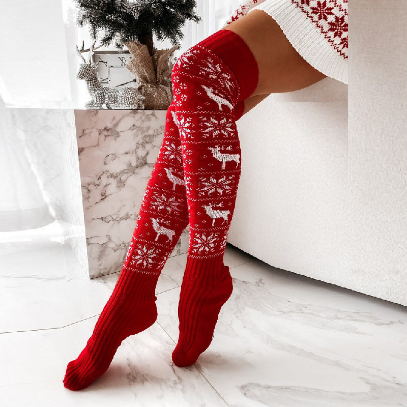 Winter Christmas Warm Knitted Women Stocking - Beautiful Elk Snowflake Jacquard Over-the-knee Casual Long Socks For Ladies Gifts Free Size