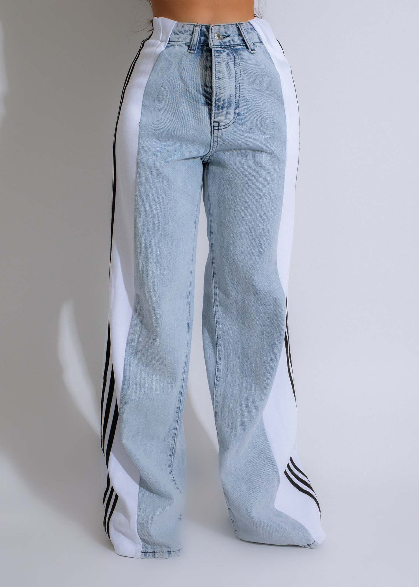 Stylish High Waist Elastic Baggy Pant -  Three Stripe Patchwork Denim Wide Leg Pants Streetwear