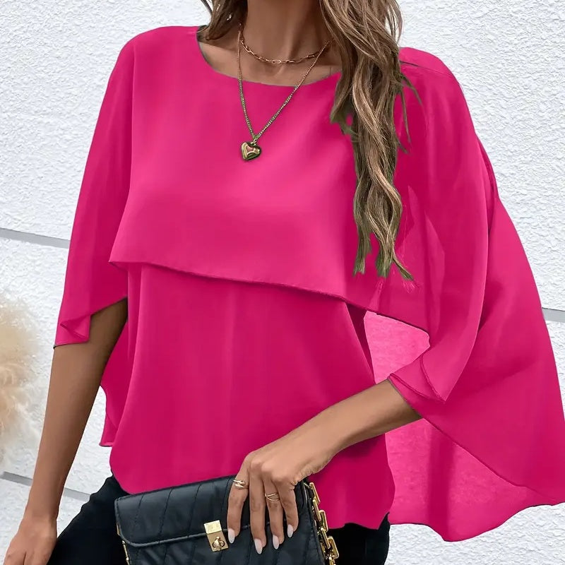 Women's Summer Chiffon Blouse - Casual Scoop Neck Cape Sleeve Tunic Tops Shirts