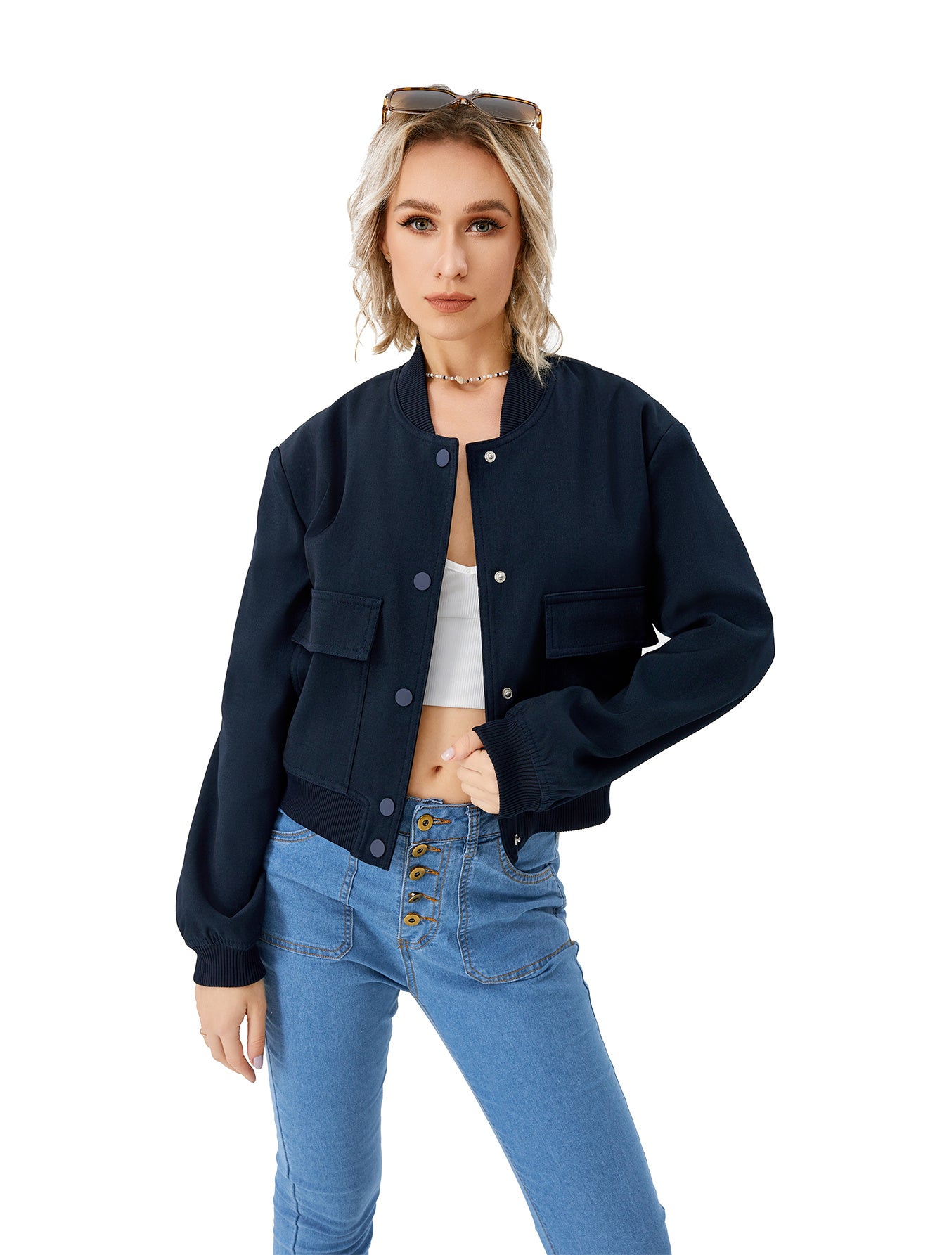Lightweight Cropped Bomber Jacket - Casual Long Sleeve Varsity Jacket With Pocket Fashion Y2k Jacket Streetwear
