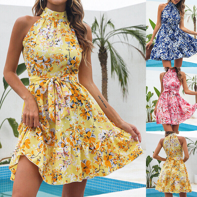New Floral Print Halter Neck Summer Dress - Ruffled Dresses For Women