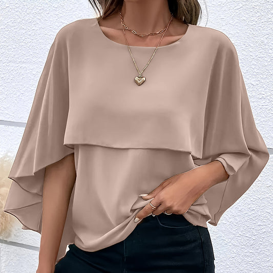 Women's Summer Chiffon Blouse - Casual Scoop Neck Cape Sleeve Tunic Tops Shirts