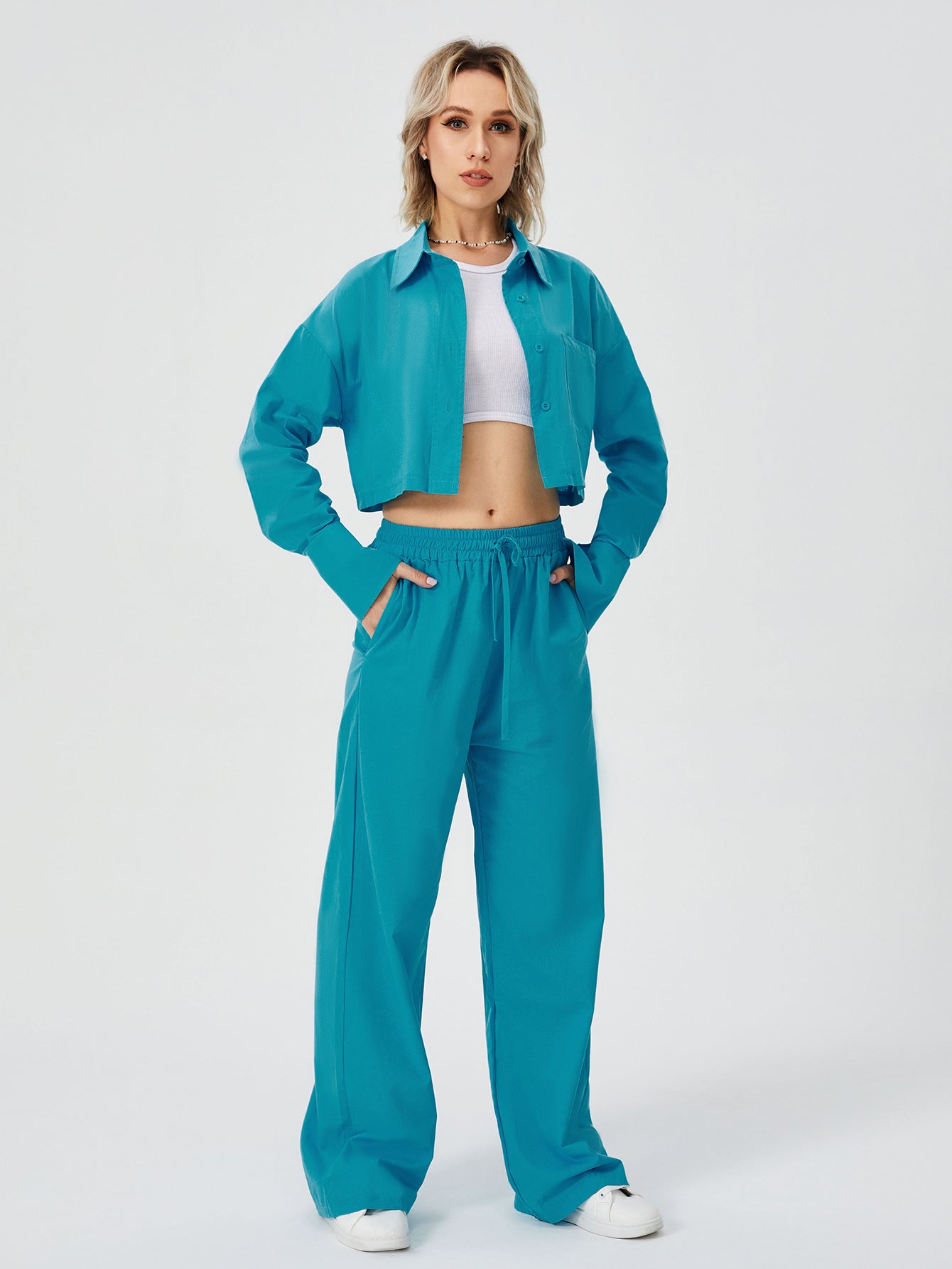 Women Two Piece Loungewear - Women Long Sleeve Button Down Wide Leg Pajama Set