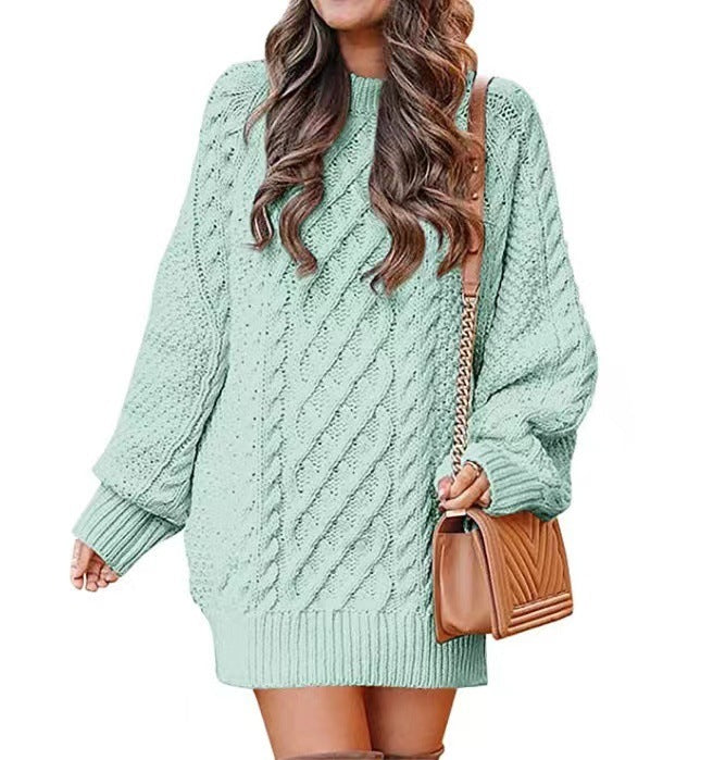 Women Round Neck Long Sleeve Twisted Knitted Sweater - Mid-length Dress Sweater