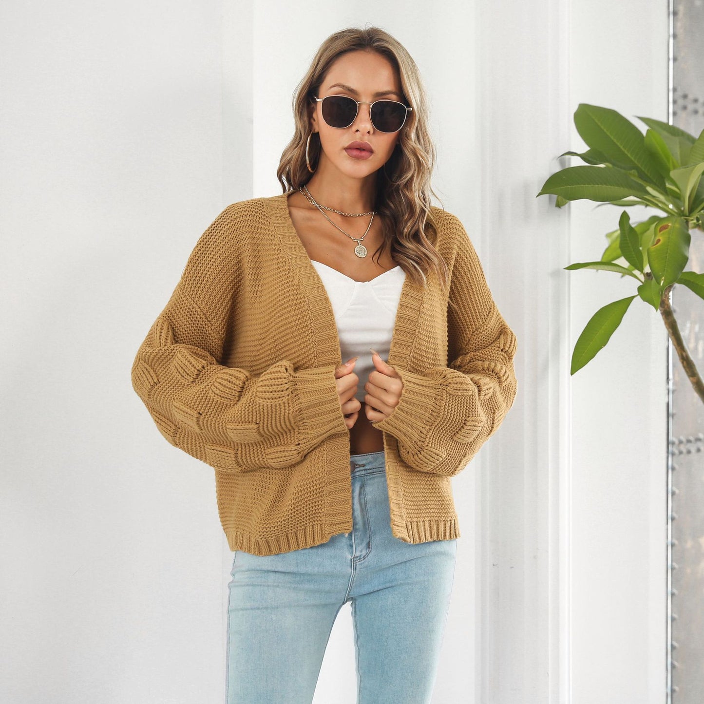 Puff Sleeve Cardigan Sweater - Women Clothes Front Chunky Knitwear Coat