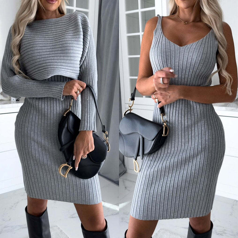 2pcs Striped Long-sleeved Top And Body Con Dress - Autumn Winter Slim Fashion Clothing