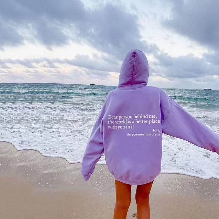 Women's Plush Letter Printed Kangaroo Pocket Drawstring Printed Hoodie - Unisex Trendy Hoodies