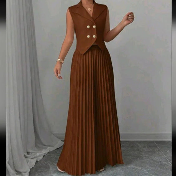 Summer Sleeveless Suit - Fashion Lapel Button Vest Top And Pleated Straight Pants Women's Trousers Set Clothing