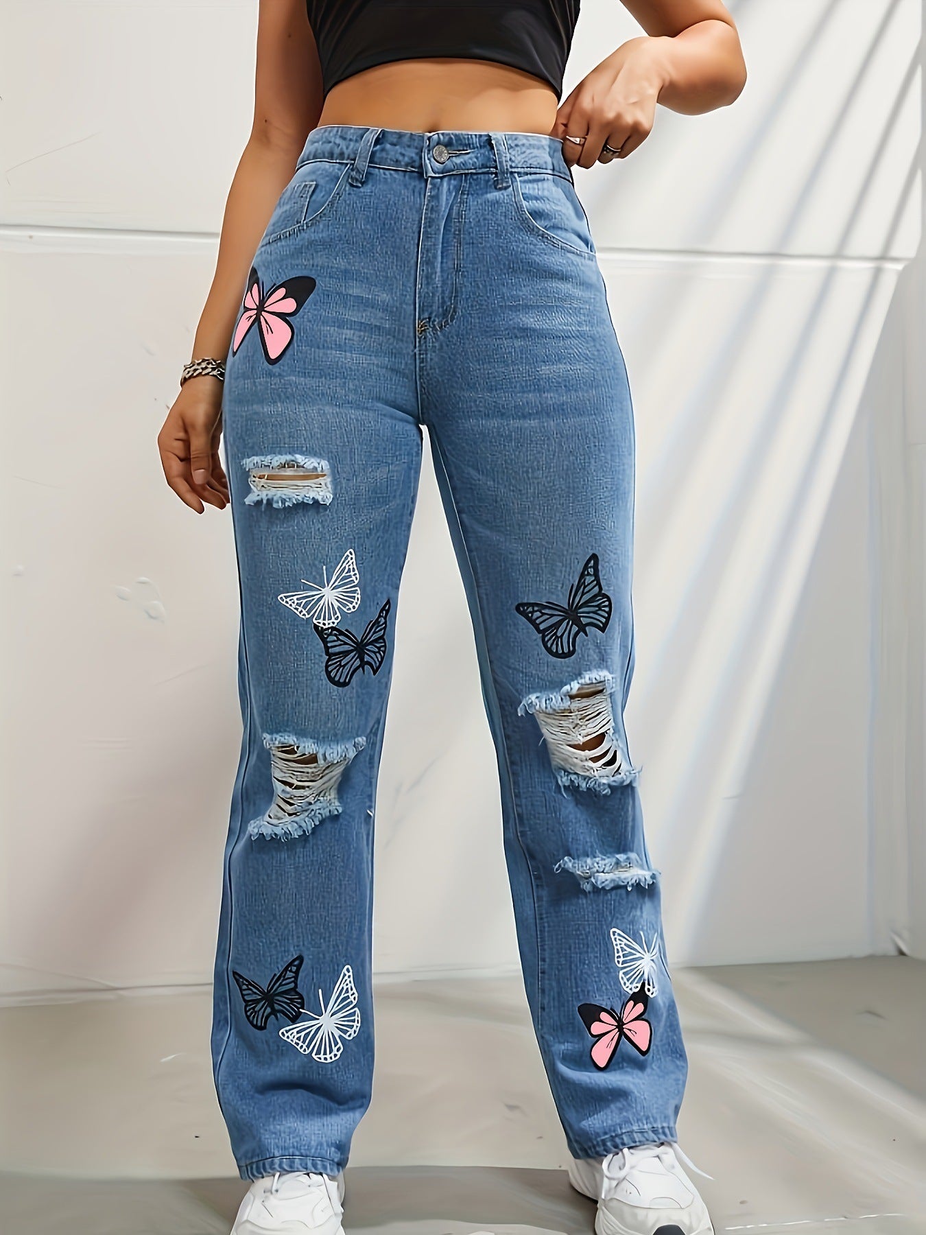 Butterfly Bliss High-Waisted Ripped Jeans – Trendy & Chic!  High Waisted Straight Leg Jeans For Women Trendy Butterfly Print Ripped Distressed Denim Pants - JumoShop