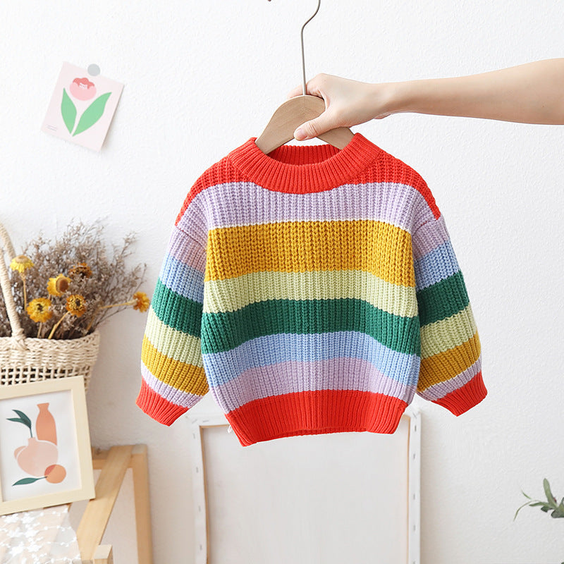 Baby Loose And Idle Tops - Girls' Striped Knitted Pullover