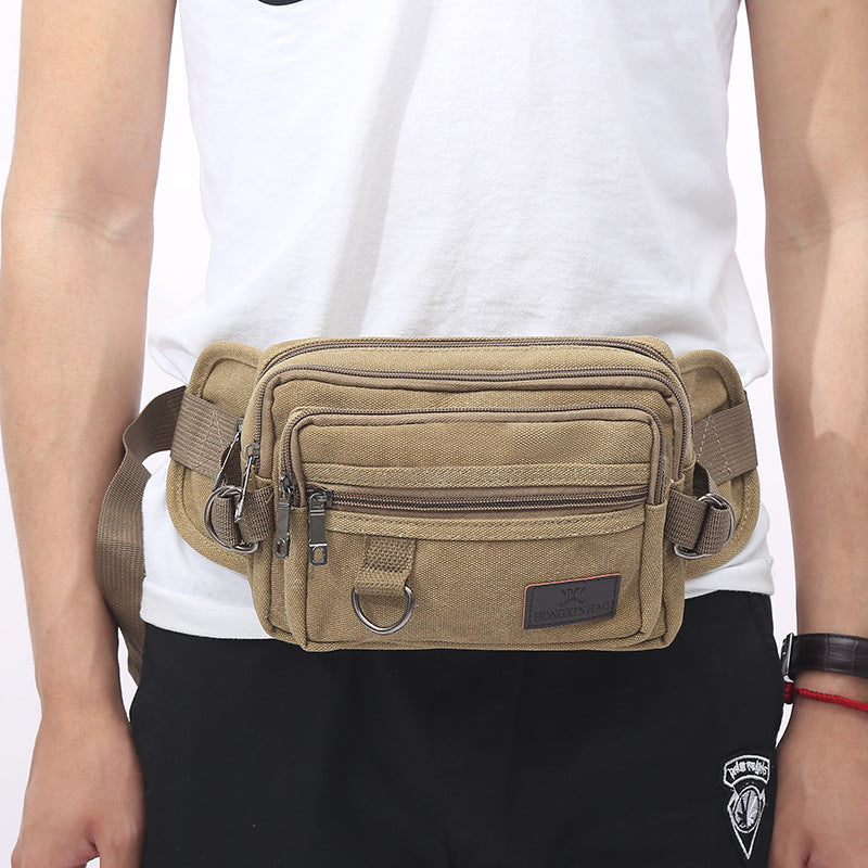Canvas Fanny Pack With 4-Zipper Pockets - Men Waist Bag For Outdoors Workout Traveling Casual Running Hiking Cycling