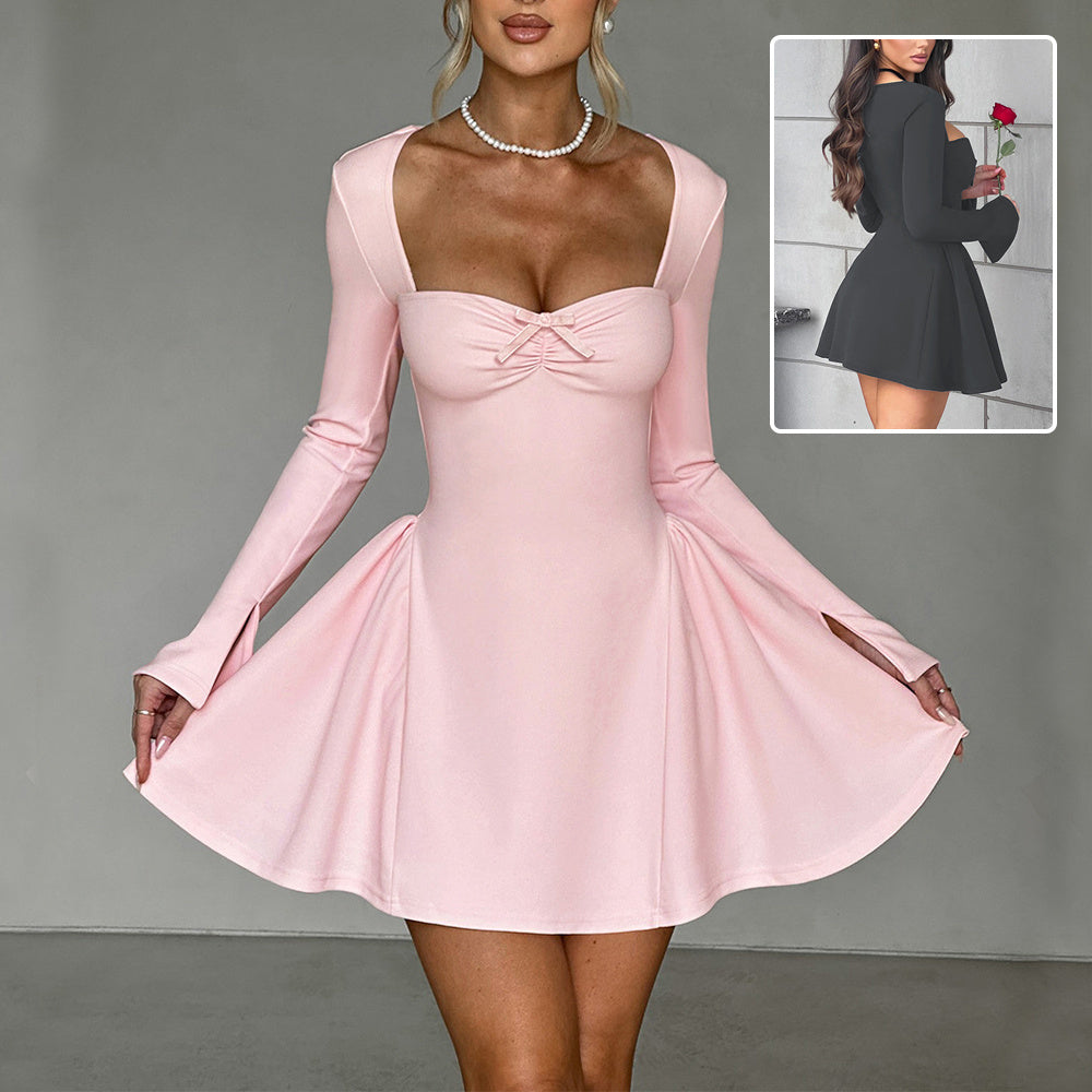 Chic Y2K Glam – Low-Neck Slim A-Line Mini Dress! Commute Low-neck Long-sleeved Dress Y2K Fashion Slim A-line Short Dressed Party Evening Clothing For Women - JumoShop