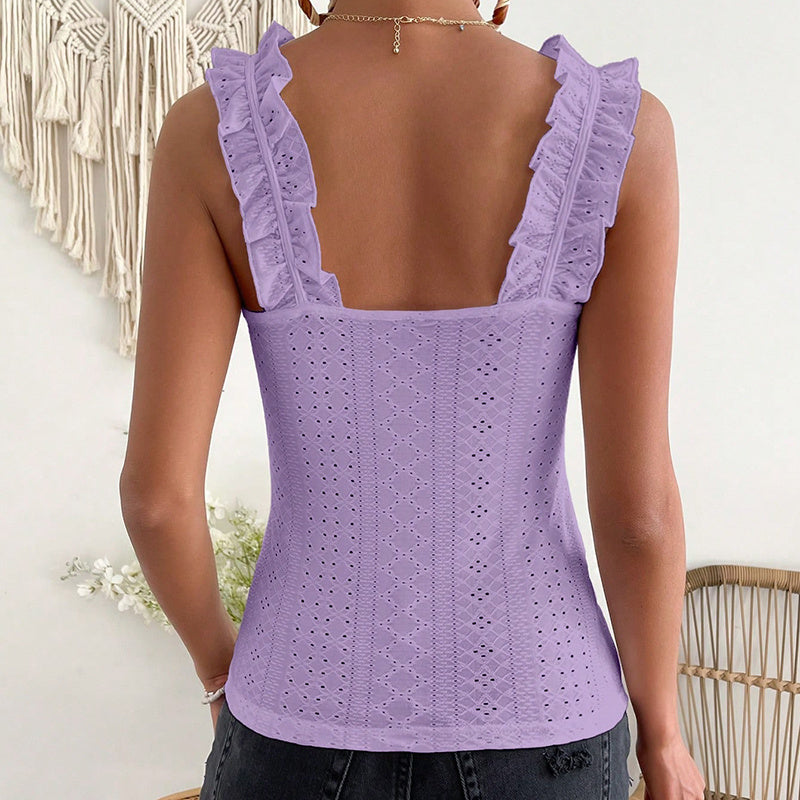 Boho Chic Square Neck Tank Top - Women Sleeveless Tank Tops Ruffle Strap Square Neck Eyelet Blouse Slim Fit