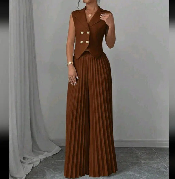 Summer Sleeveless Suit - Fashion Lapel Button Vest Top And Pleated Straight Pants Women's Trousers Set Clothing