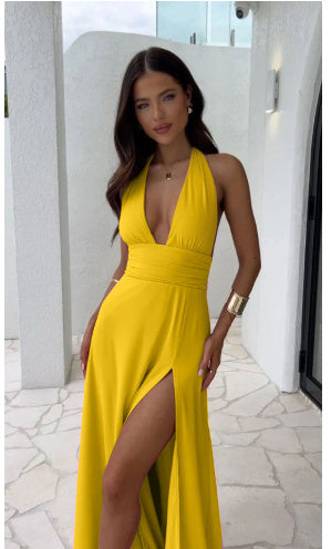Sexy Halterneck V-neck Slit party Dress - Summer Backless Strappy Skirt Fashion Temperament Women Clothing