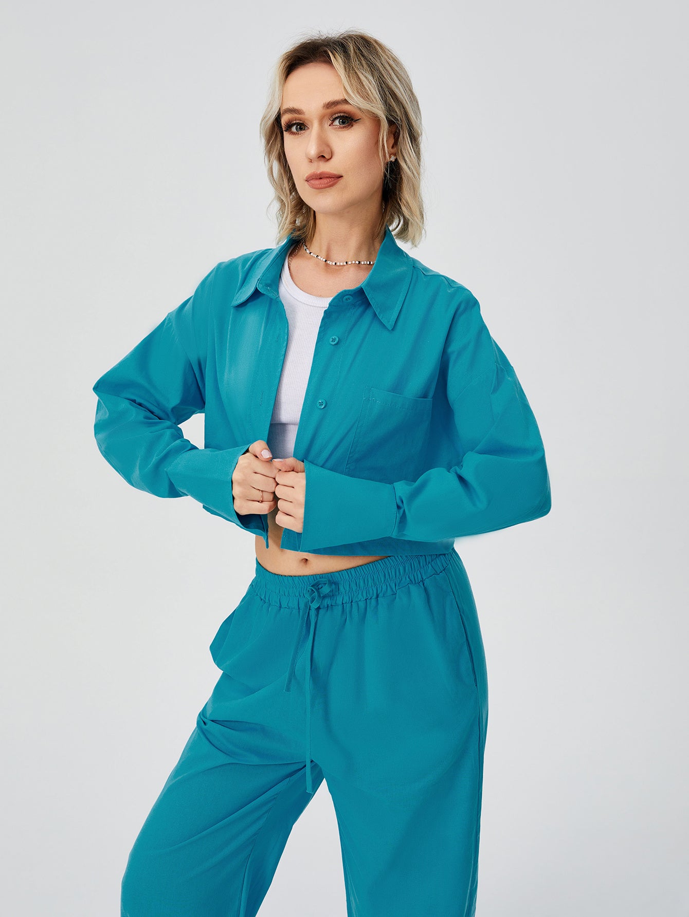 Women Two Piece Loungewear - Women Long Sleeve Button Down Wide Leg Pajama Set