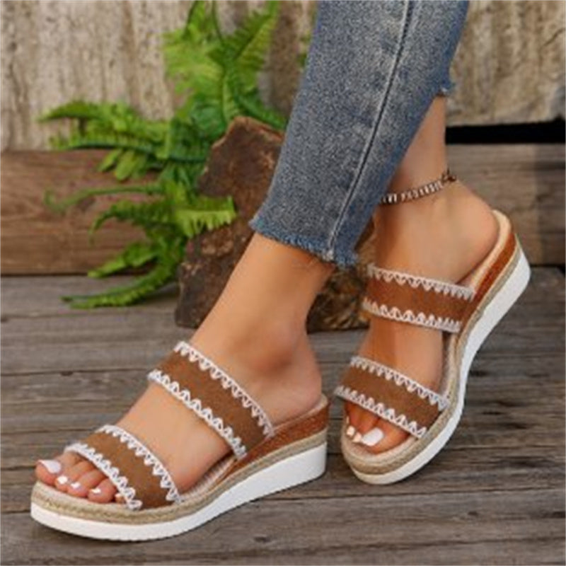 New Hemp Rope Woven Wedge Slippers - Summer Ethnic Style Sandals Double Wide Strappy Shoes For Women