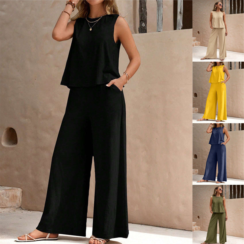 Solid Color Casual Loose Pants Sets For Women - Elegant Spring Summer Women's Two Pieces Suit Full Trouser Set Female Outfit Clothes
