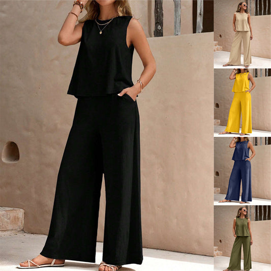 Solid Color Casual Loose Pants Sets For Women - Elegant Spring Summer Women's Two Pieces Suit Full Trouser Set Female Outfit Clothes