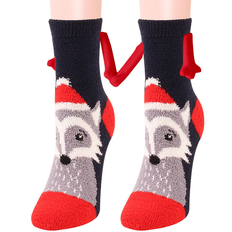Christmas Supplies Magnetic Suction Hand In Hand Couple Socks - Coral Fleece Tube Socks Warm Slipper Bed Socks Winter Soft Warm Slipper