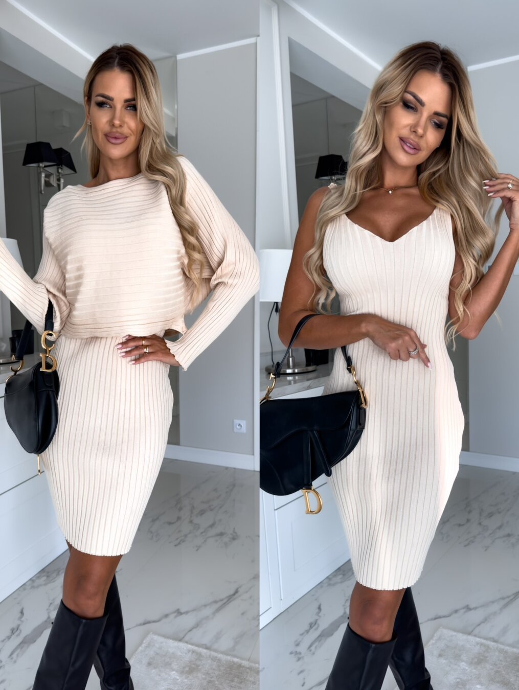 2pcs Striped Long-sleeved Top And Body Con Dress - Autumn Winter Slim Fashion Clothing