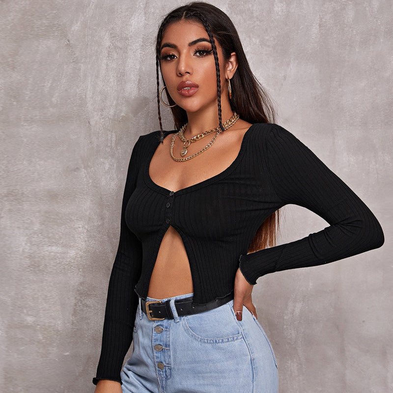 Long Sleeved Crop Cardigan Top - Sexy Button Knit T-shirt