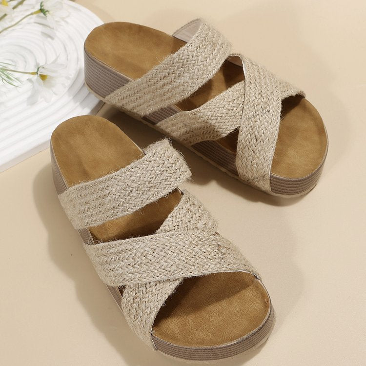 Woven Cross-strap Slippers - Summer Platform Sandals Women Flat Beach Shoes