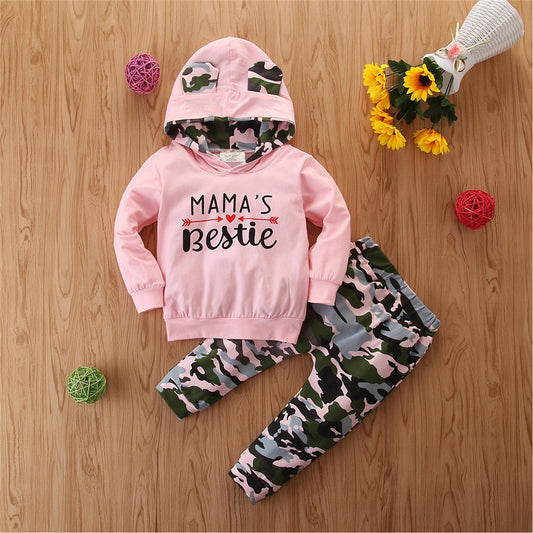 Girls Spring And Autumn Hooded Sweater Small Suit - Female Baby Camouflage 2 Piece Set