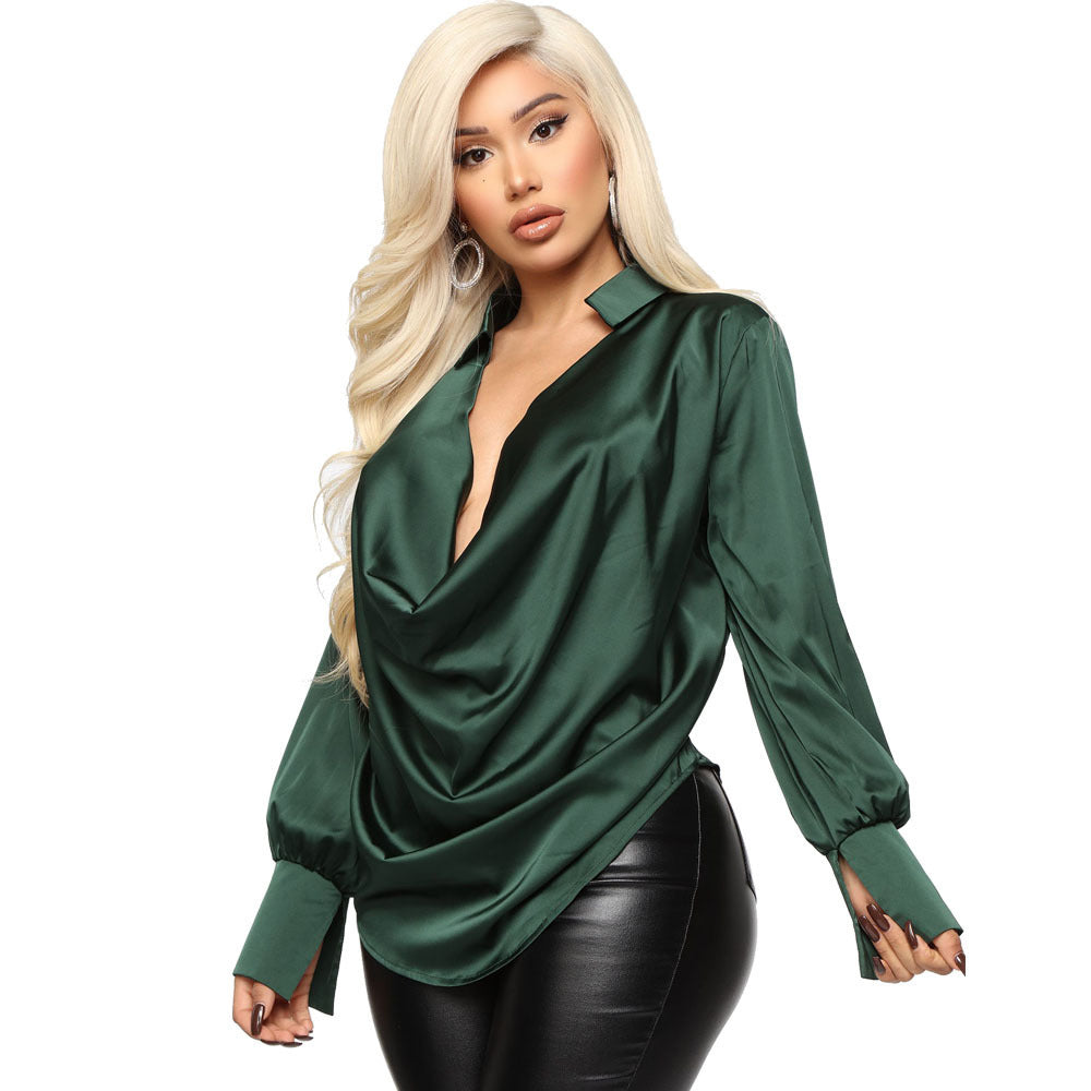 Sexy Long-sleeved Deep V-neck Satin All-match Top