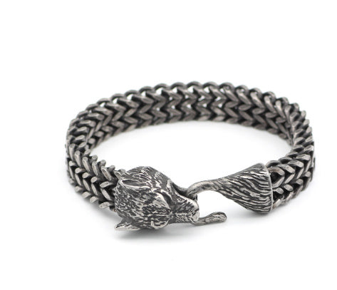 Stainless Steel Vintage Black Wolf Head Cuban Chain Hand Wristband - Male Fashion Jewelry Wholesale Accessories Gifts