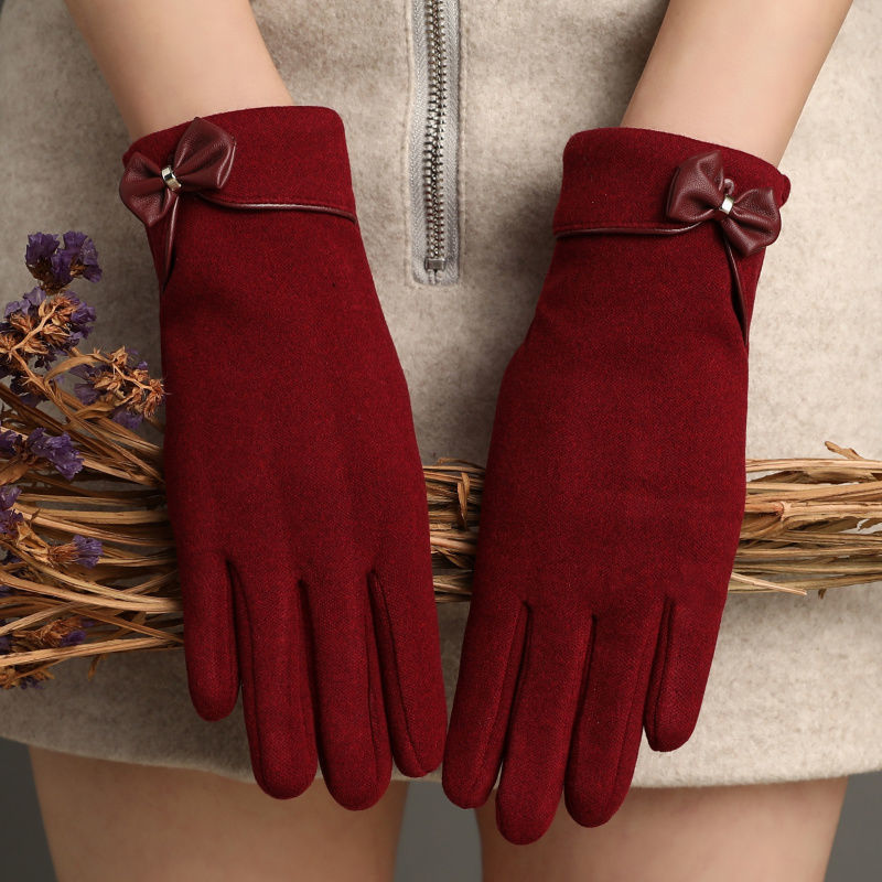 Fleece-Lined De Suede Bow Gloves - Touch Screen Warm Outdoor All-matching