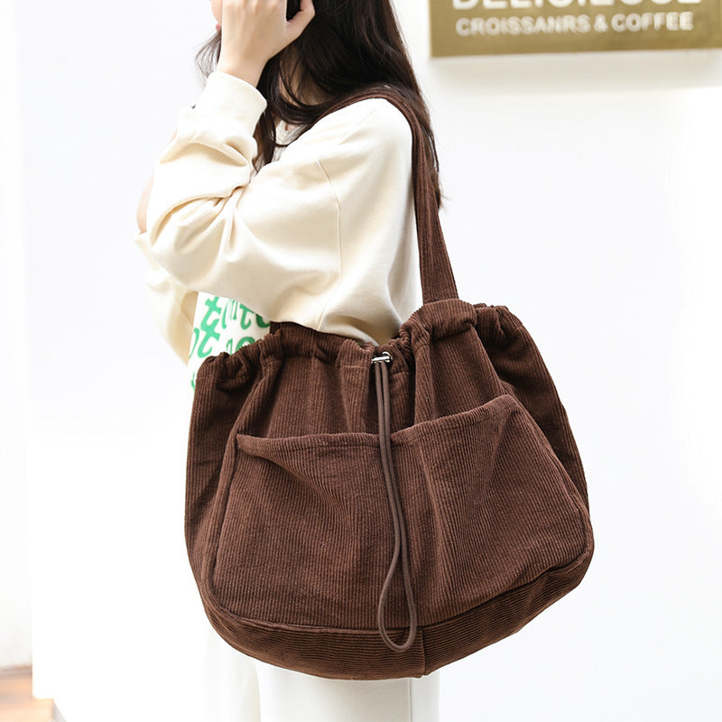 Corduroy Shoulder Bags - Drawstring Multi-pocket Handbag Women Underarm Bags