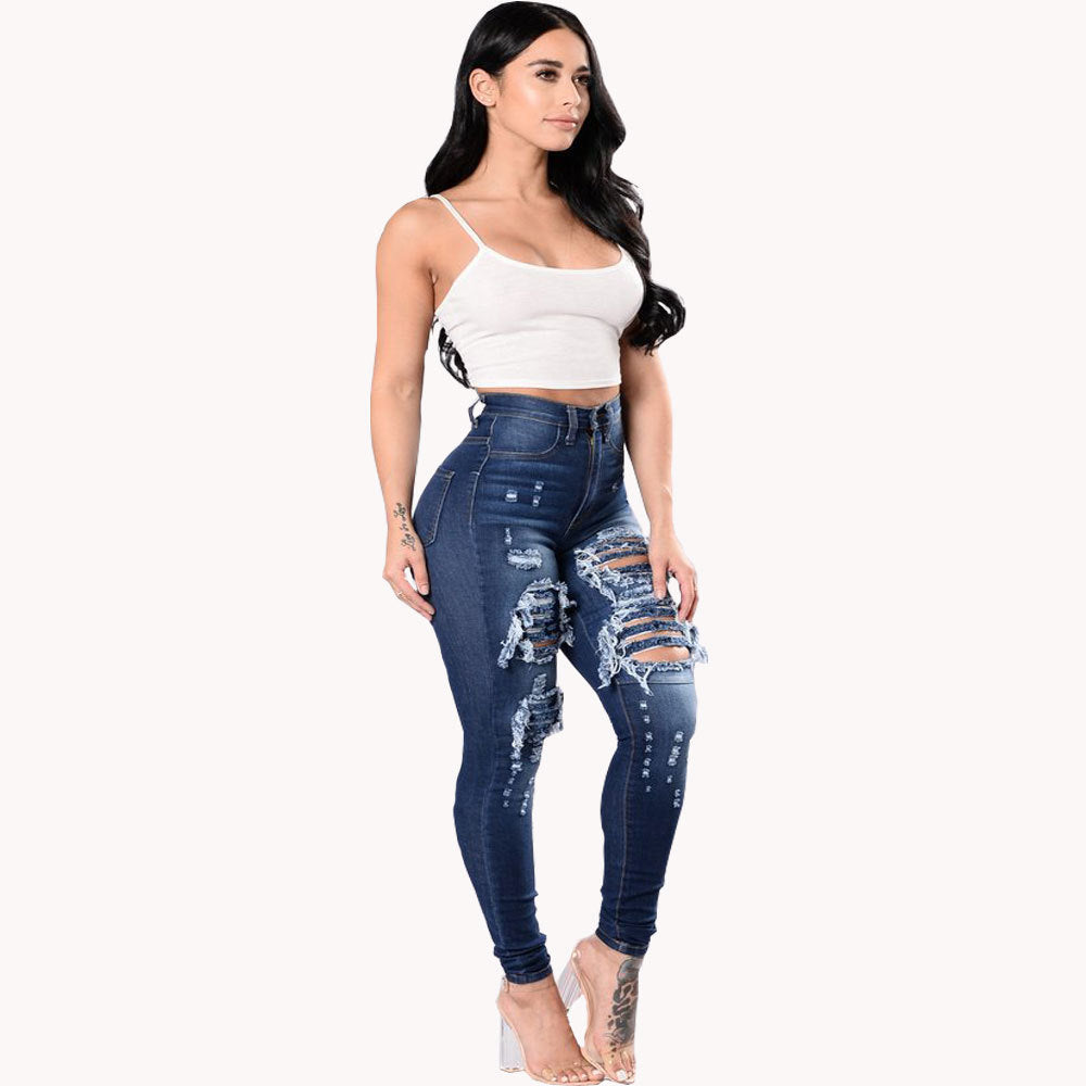 Women's Ripped Denim - Washed Denim Pants