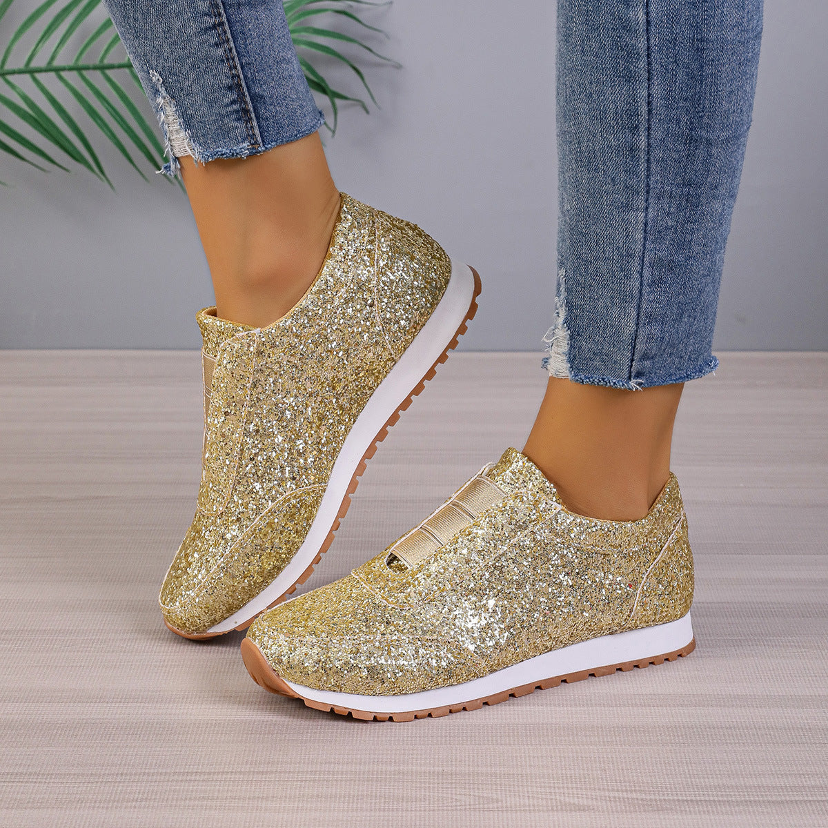Gold Silver Sequined Flats Running Shoes