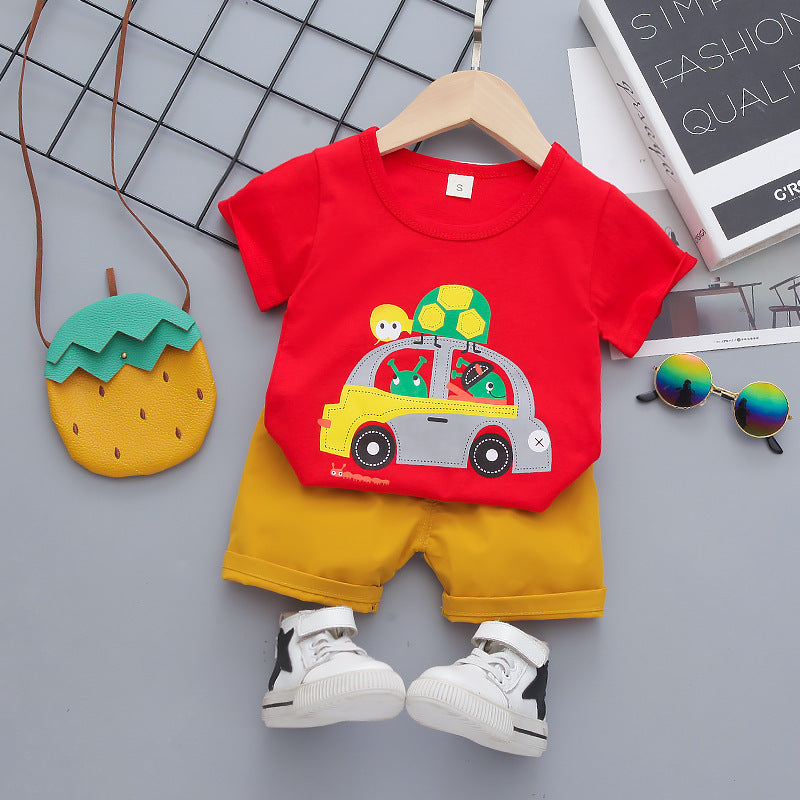 Trendy Kids’ Cartoon Outfit – Stylish & Comfy Summer Set!  Boys Kids Children's Short Sleeve T-shirt Shorts Korean Suit - JumoShop