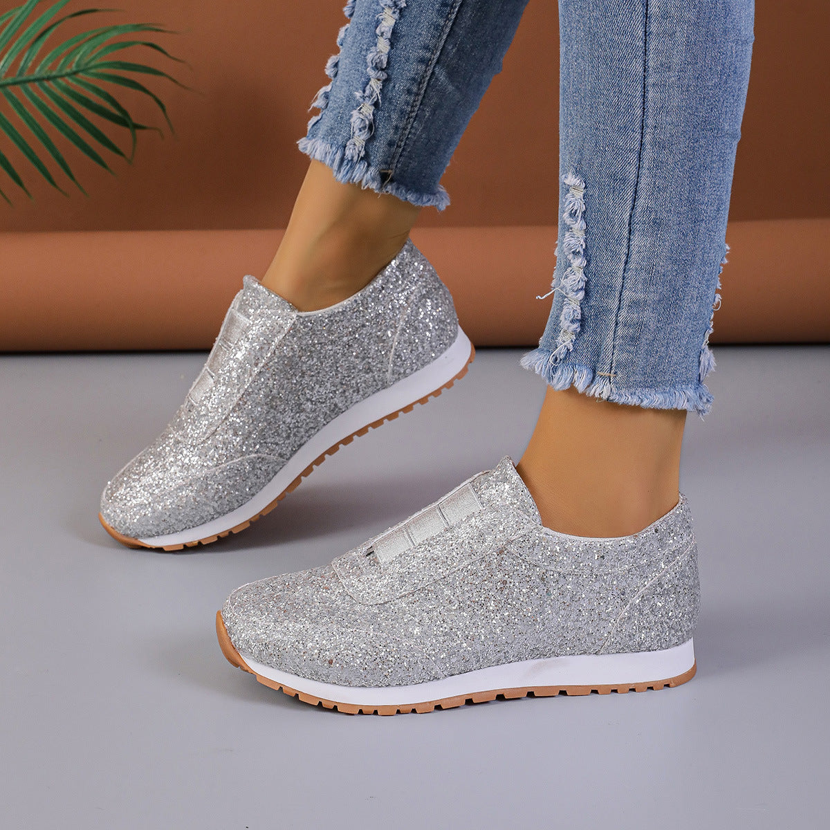 Gold Silver Sequined Flats Running Shoes