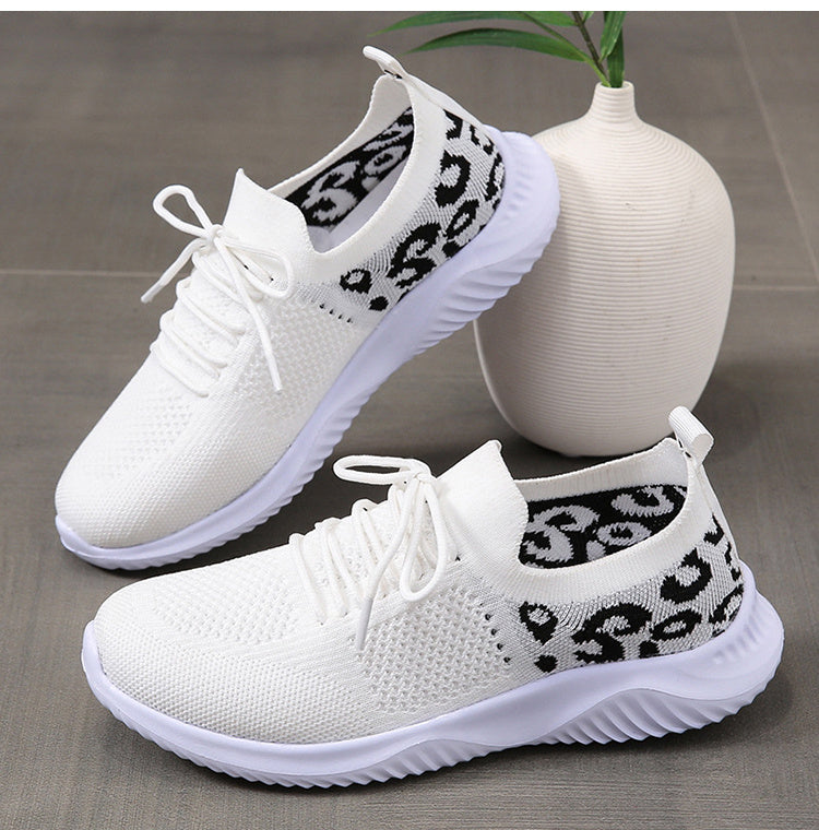 White Shoes - Women Leopard Print Lace-up Sneakers