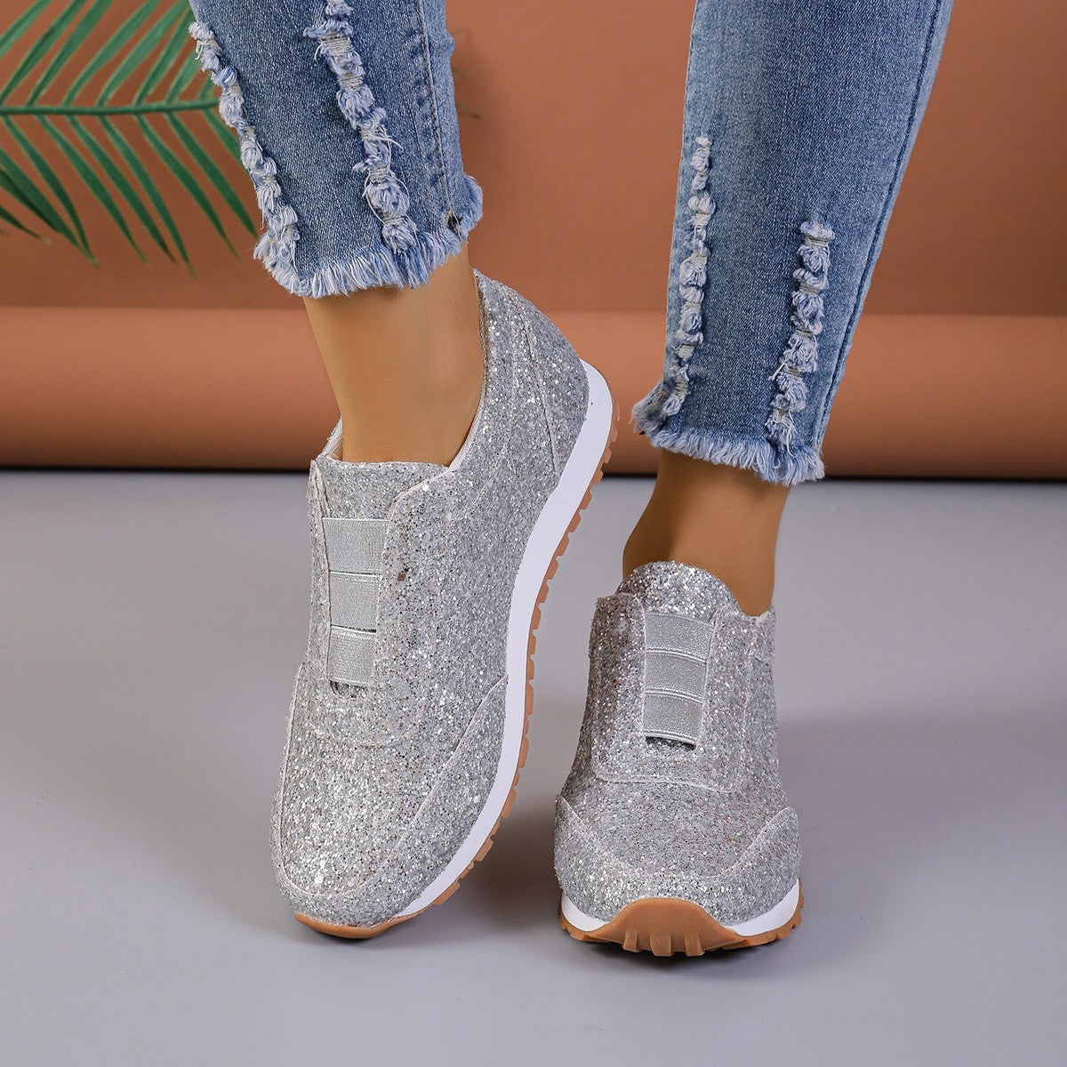 Gold Silver Sequined Flats Running Shoes